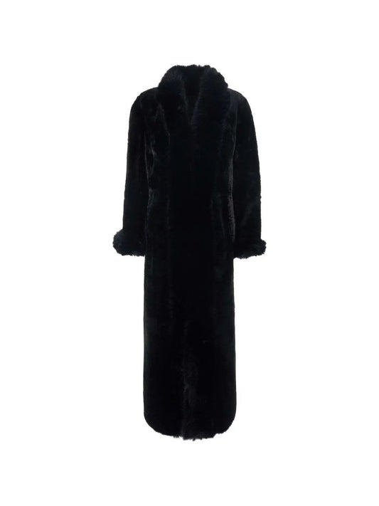 Young Ideas & Henmores -Long Shearling Coat with Fur Collar -Black -S