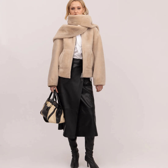 Young Ideas & Henmores -Reversible Short Bomber Jacket with Scarf -Chalk/Sand -XS