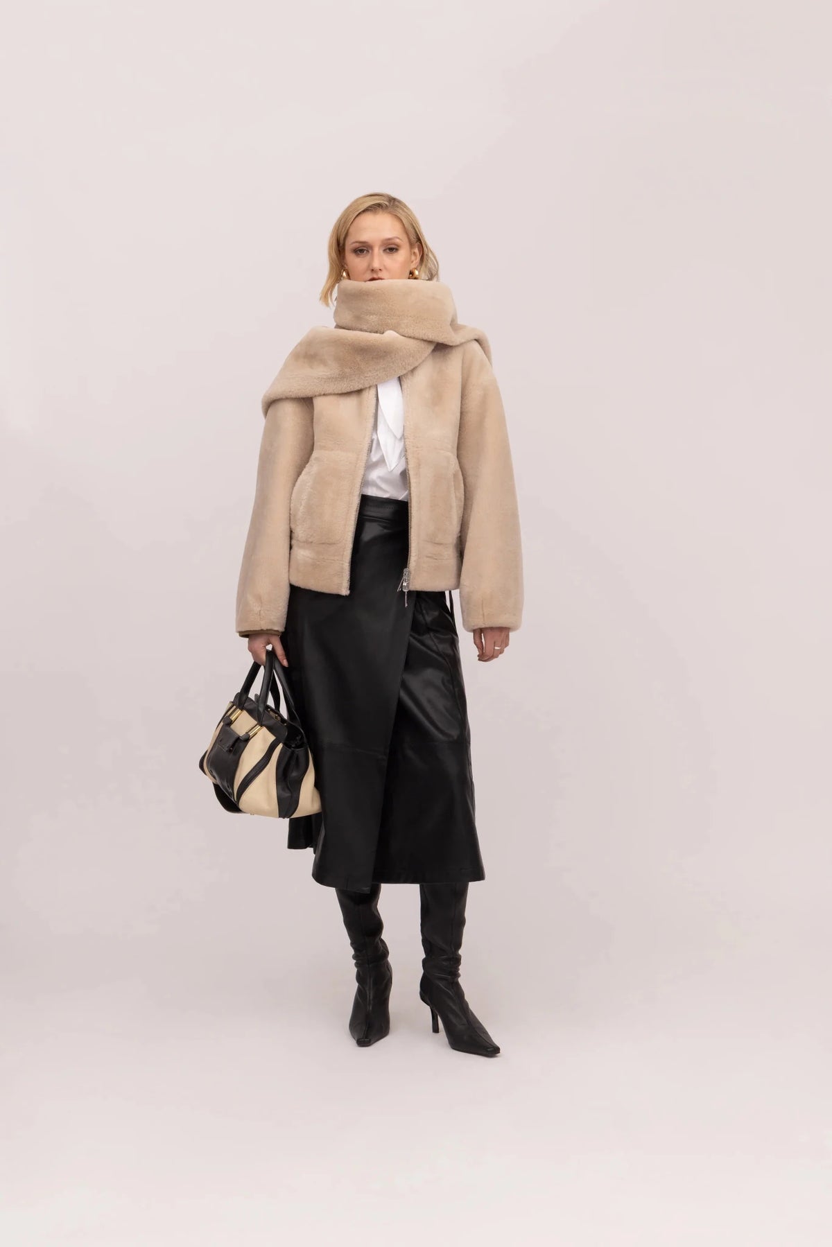 Young Ideas & Henmores -Reversible Short Bomber Jacket with Scarf -Chalk/Sand -XS