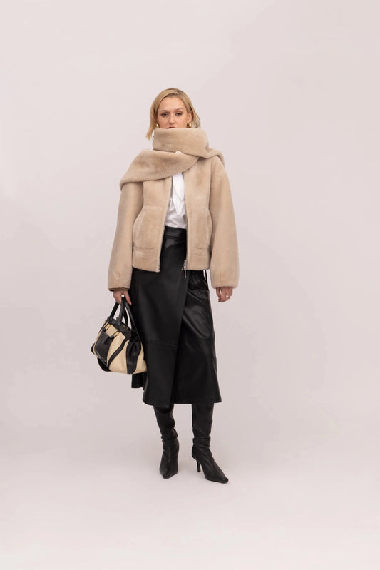 Young Ideas & Henmores -Reversible Short Bomber Jacket with Scarf -Chalk/Sand -XS