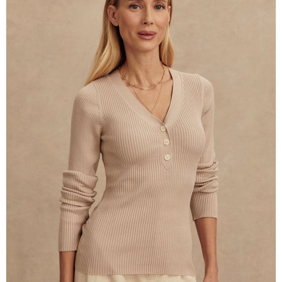 Young Ideas/Henmores - Blanca V Neck Rib Knit Top - Cement - XS