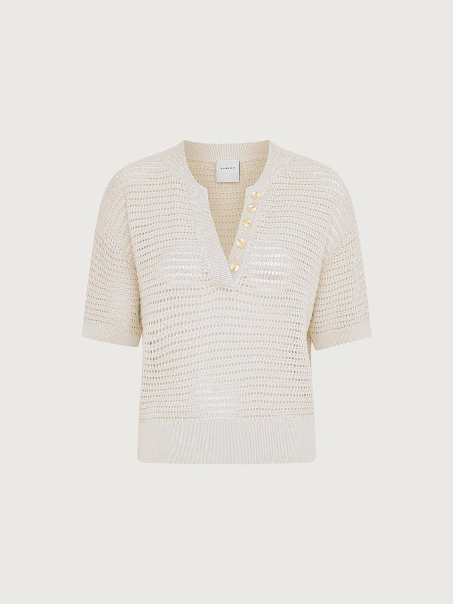 Young Ideas & Henmores - Callie Buttoned Short Sleeve Knit - Egret - XXS