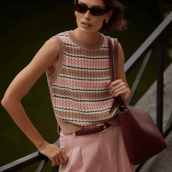 Young Ideas/Henmores - Deeley Stripe Stitch Knitted Tank - Warm Taupe / Mellow Rose - XS