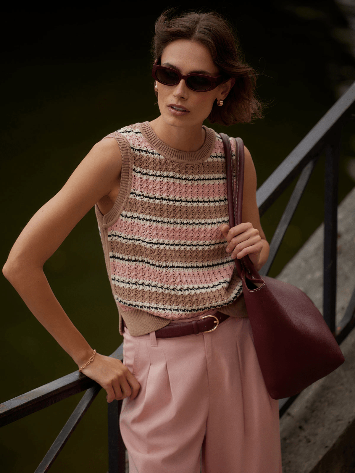Young Ideas/Henmores - Deeley Stripe Stitch Knitted Tank - Warm Taupe / Mellow Rose - XS