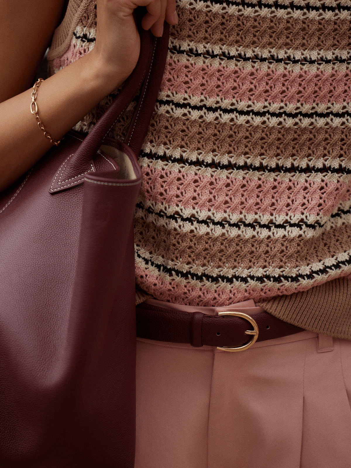 Young Ideas/Henmores - Deeley Stripe Stitch Knitted Tank - Warm Taupe / Mellow Rose - XS