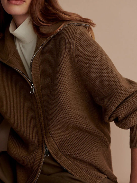 Young Ideas & Henmores -Enrico Zip Through Knit Jacket -Teak Olive -XS