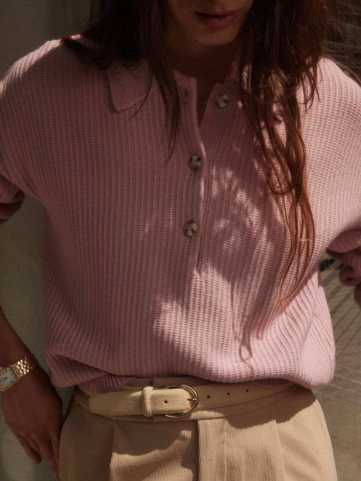 Young Ideas/Henmores - Marlie Long Sleeve Polo Knit - Zephyr Mauve - XS