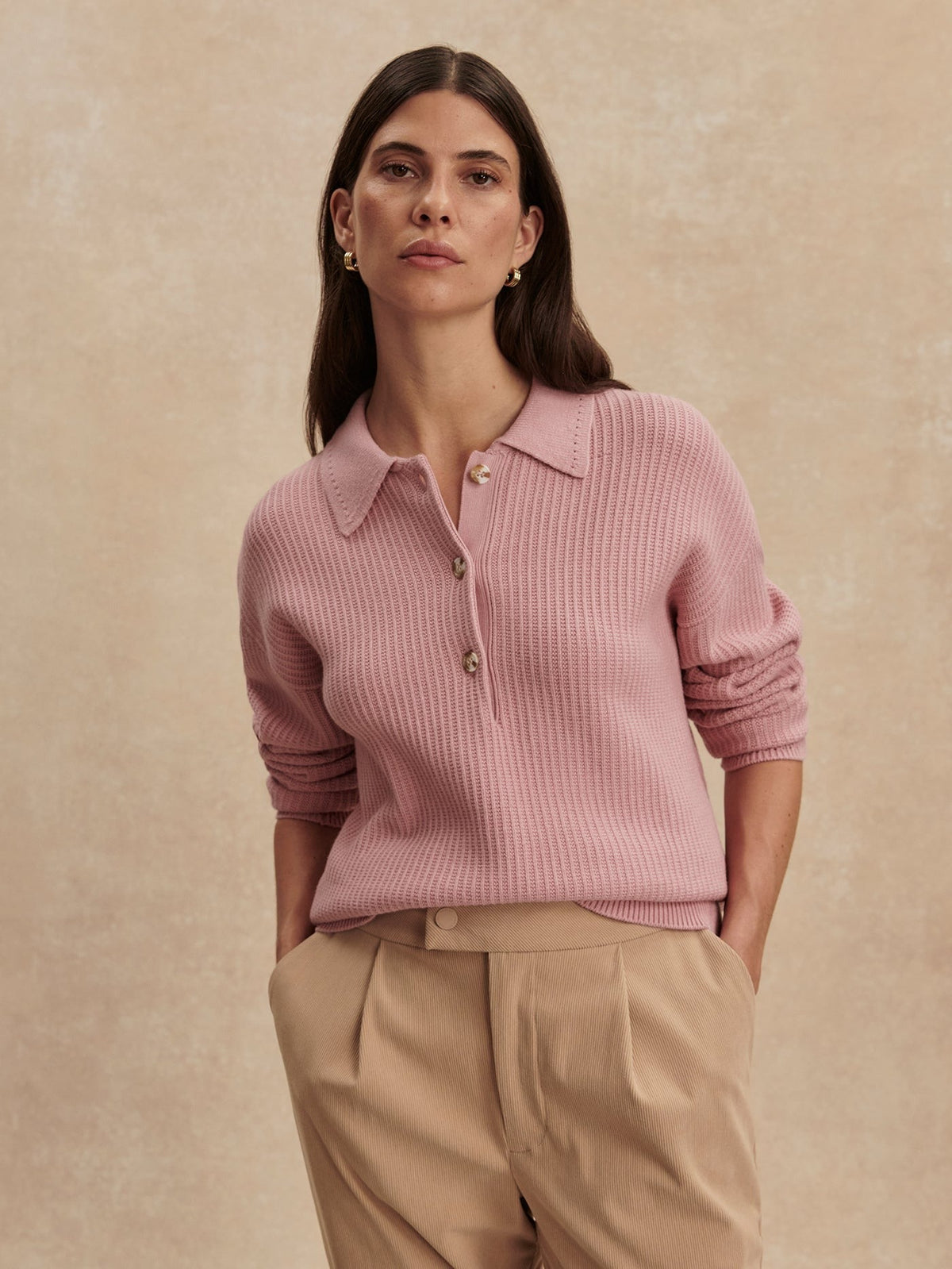 Young Ideas/Henmores - Marlie Long Sleeve Polo Knit - Zephyr Mauve - XS