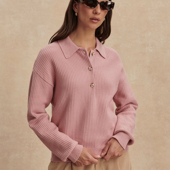 Young Ideas/Henmores - Marlie Long Sleeve Polo Knit - Zephyr Mauve - XS