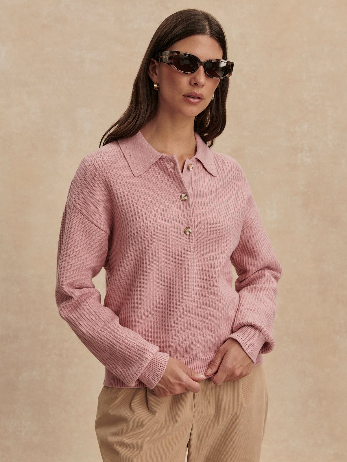 Young Ideas/Henmores - Marlie Long Sleeve Polo Knit - Zephyr Mauve - XS