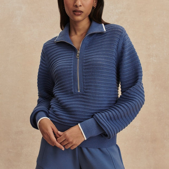 Young Ideas/Henmores - Morwenna Half Zip Thick Rib Knit - Bijou Blue - XS