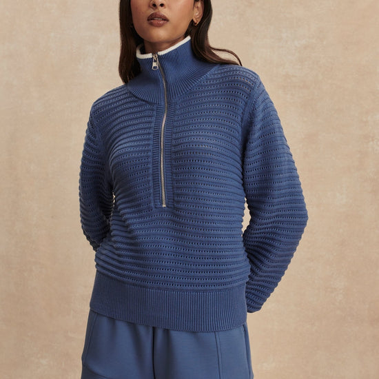 Young Ideas/Henmores - Morwenna Half Zip Thick Rib Knit - Bijou Blue - XS