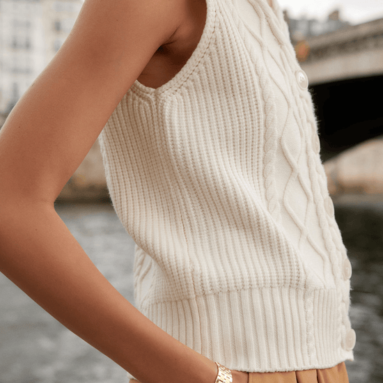 Young Ideas/Henmores - Tatyana Cable Knit Button Up Vest - Egret - XS