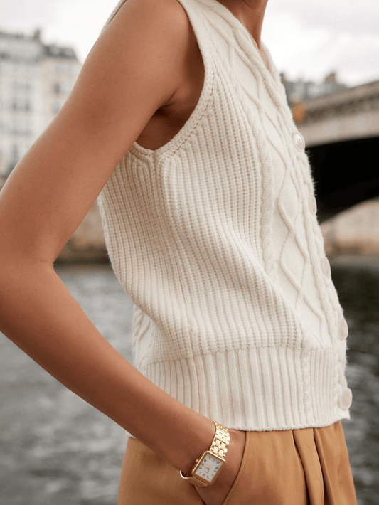 Young Ideas/Henmores - Tatyana Cable Knit Button Up Vest - Egret - XS