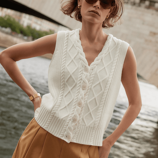 Young Ideas/Henmores - Tatyana Cable Knit Button Up Vest - Egret - XS
