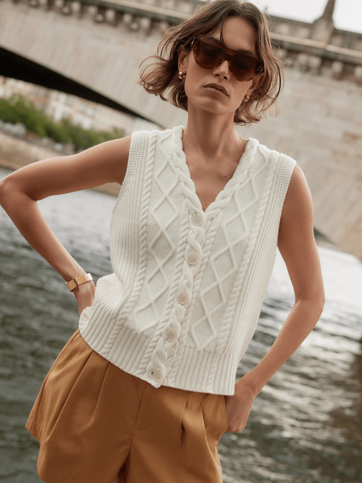 Young Ideas/Henmores - Tatyana Cable Knit Button Up Vest - Egret - XS