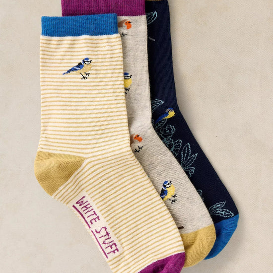 Young Ideas & Henmores -3 Pack Garden Bird Ankle Socks -Dark Teal -3-5