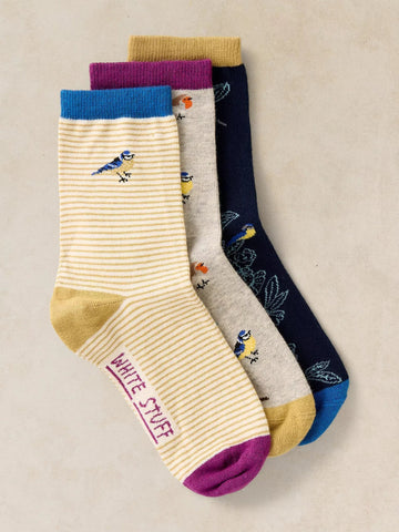 Young Ideas & Henmores -3 Pack Garden Bird Ankle Socks -Dark Teal -3-5