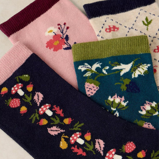 Young Ideas & Henmores -4 Pack Autumn Fruit Ankle Sock -Navy Multi -3-5