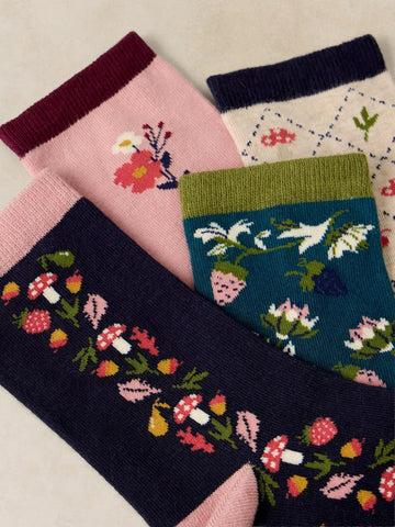 Young Ideas & Henmores -4 Pack Autumn Fruit Ankle Sock -Navy Multi -3-5
