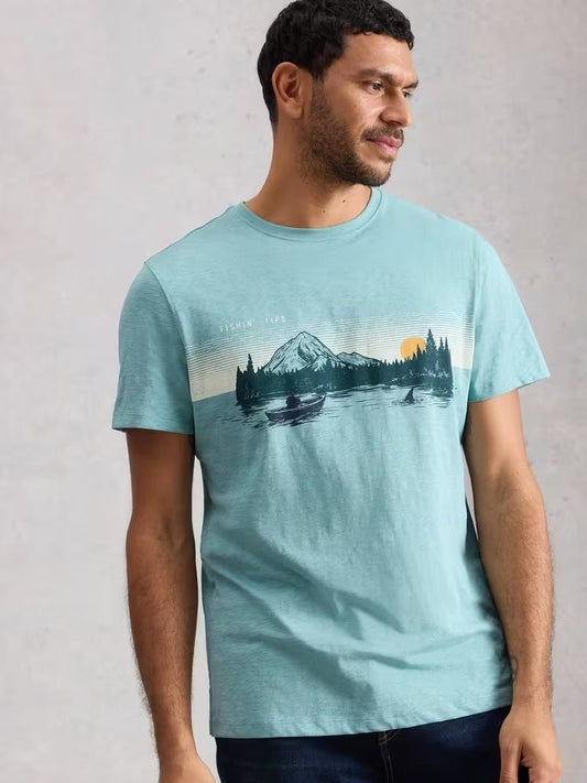 Young Ideas & Henmores - Abersoch Fishing Graphic Tee - Blue Print - M