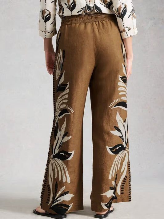 Young Ideas & Henmores - Ally Linen Wide Leg Trouser - Brown Print - 8