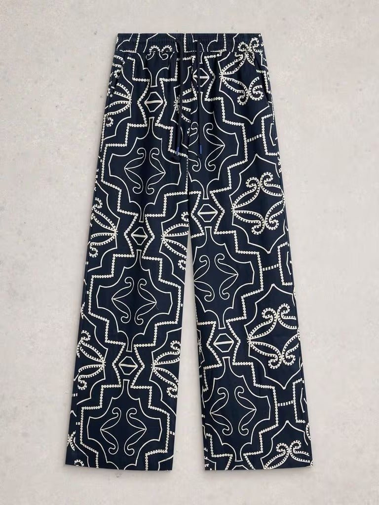 Young Ideas & Henmores - Ally Linen Wide Leg Trouser - Navy Print - 8