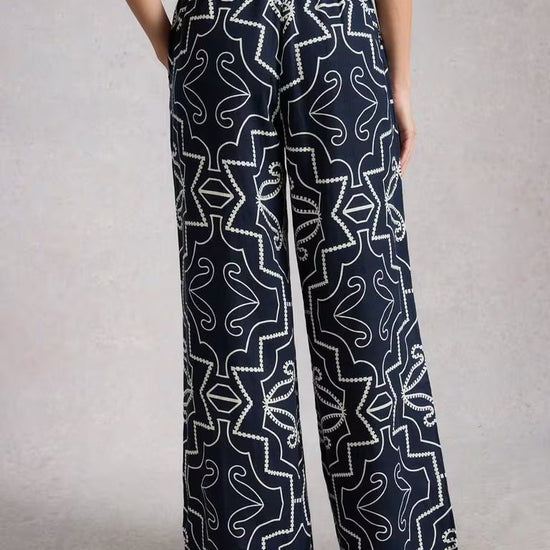 Young Ideas & Henmores - Ally Linen Wide Leg Trouser - Navy Print - 8