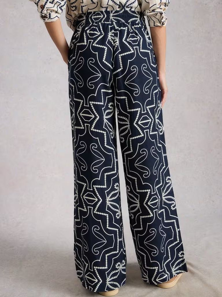 Young Ideas & Henmores - Ally Linen Wide Leg Trouser - Navy Print - 8