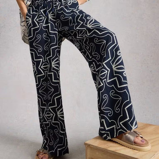 Young Ideas & Henmores - Ally Linen Wide Leg Trouser - Navy Print - 8