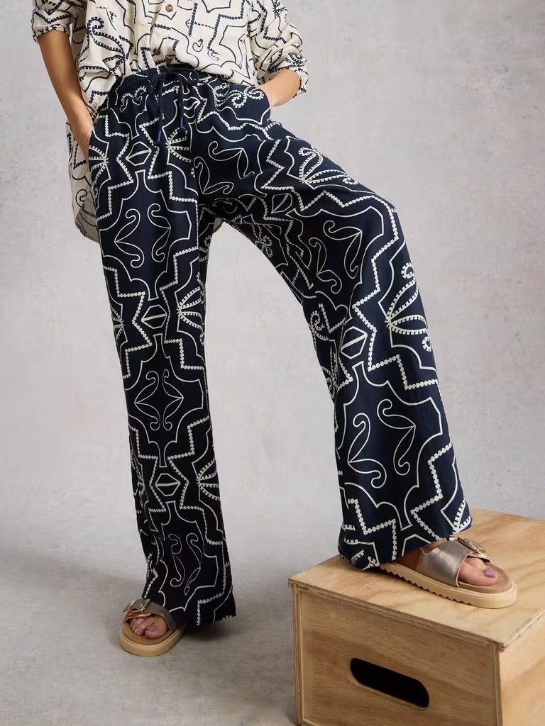 Young Ideas & Henmores - Ally Linen Wide Leg Trouser - Navy Print - 8