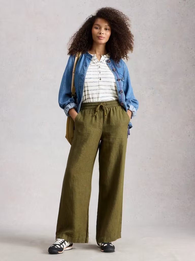 Young Ideas & Henmores - Ally Linen Wide Leg Trouser - Khaki Green - 8