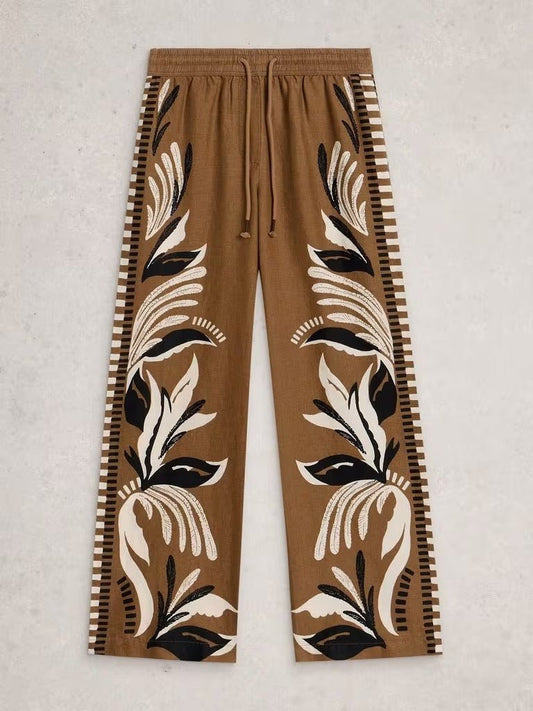 Young Ideas & Henmores - Ally Linen Wide Leg Trouser - Brown Print - 8