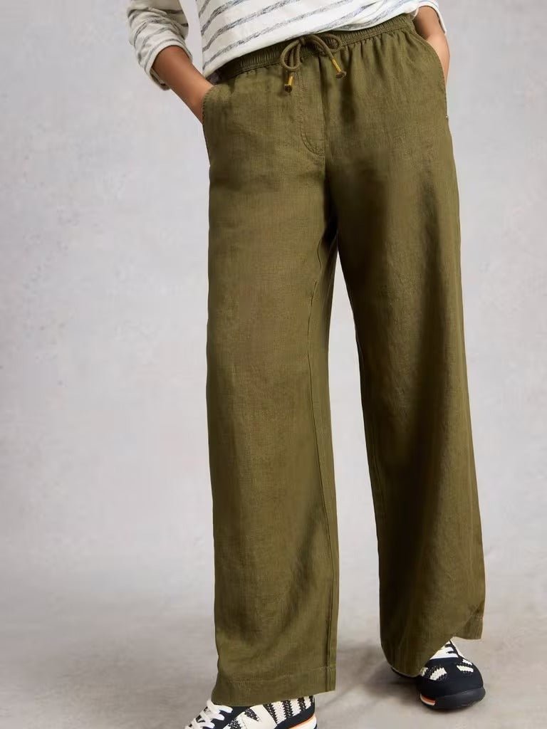 Young Ideas & Henmores - Ally Linen Wide Leg Trouser - Khaki Green - 8