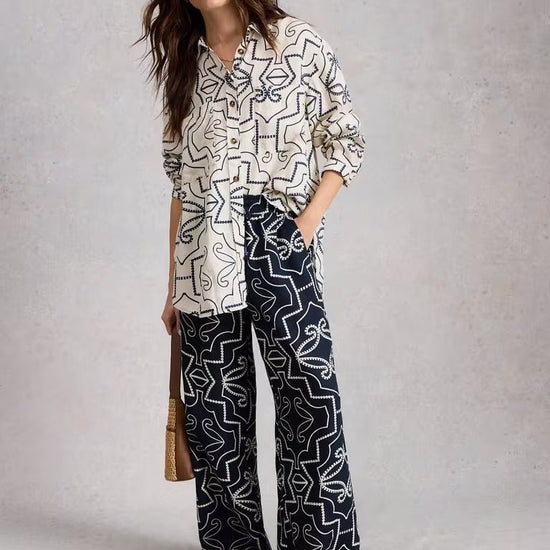 Young Ideas & Henmores - Ally Linen Wide Leg Trouser - Navy Print - 8