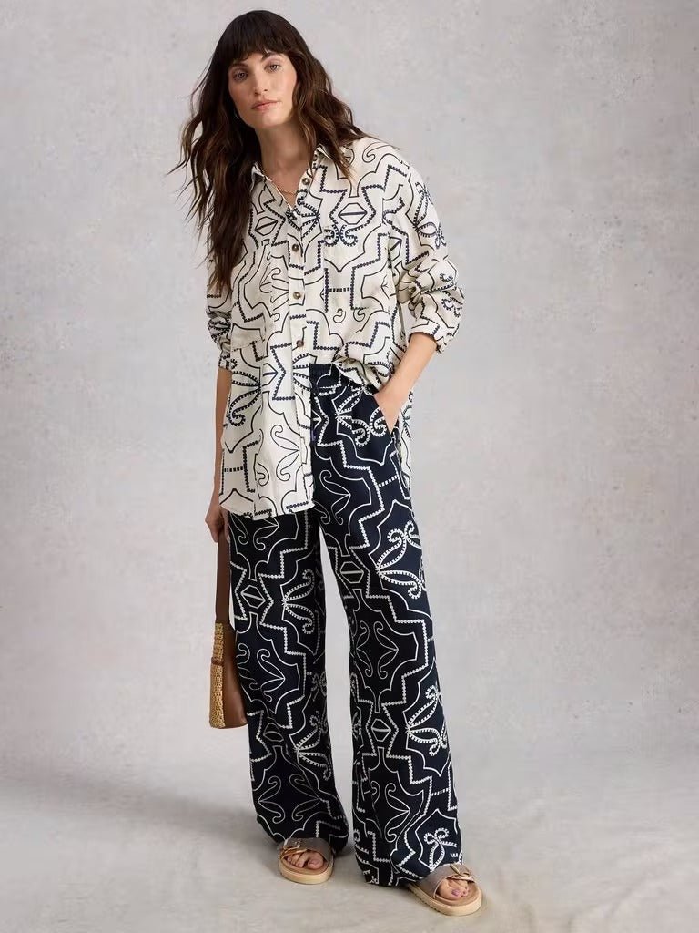 Young Ideas & Henmores - Ally Linen Wide Leg Trouser - Navy Print - 8