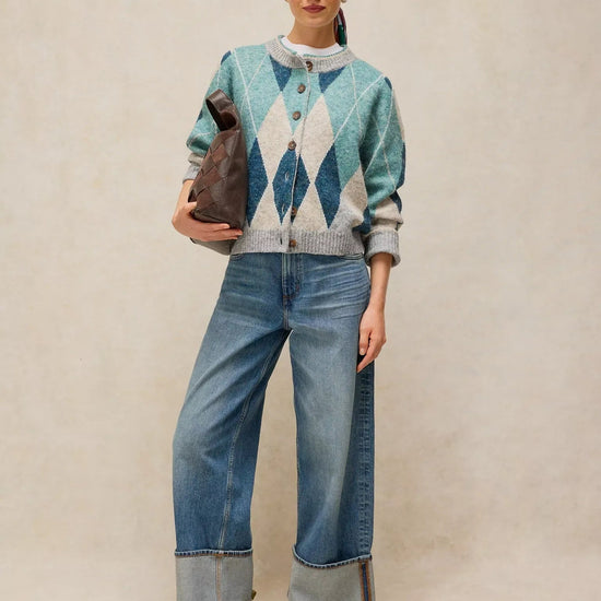Young Ideas & Henmores -Argyle Check Cardi -Blue Multi -8
