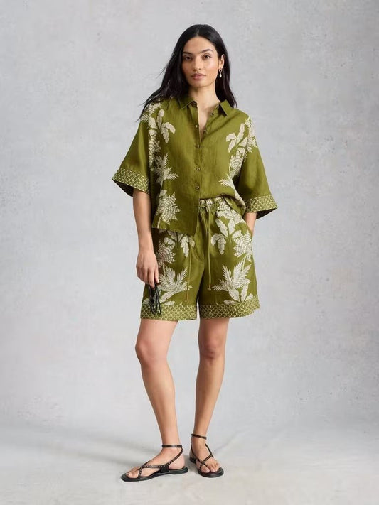 Young Ideas & Henmores - Cassie Linen Shirt - Green Print - 8
