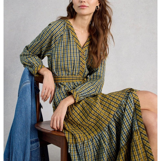 Young Ideas/Henmores - Clementine Check Midi Dress - Mustard/Navy - 8