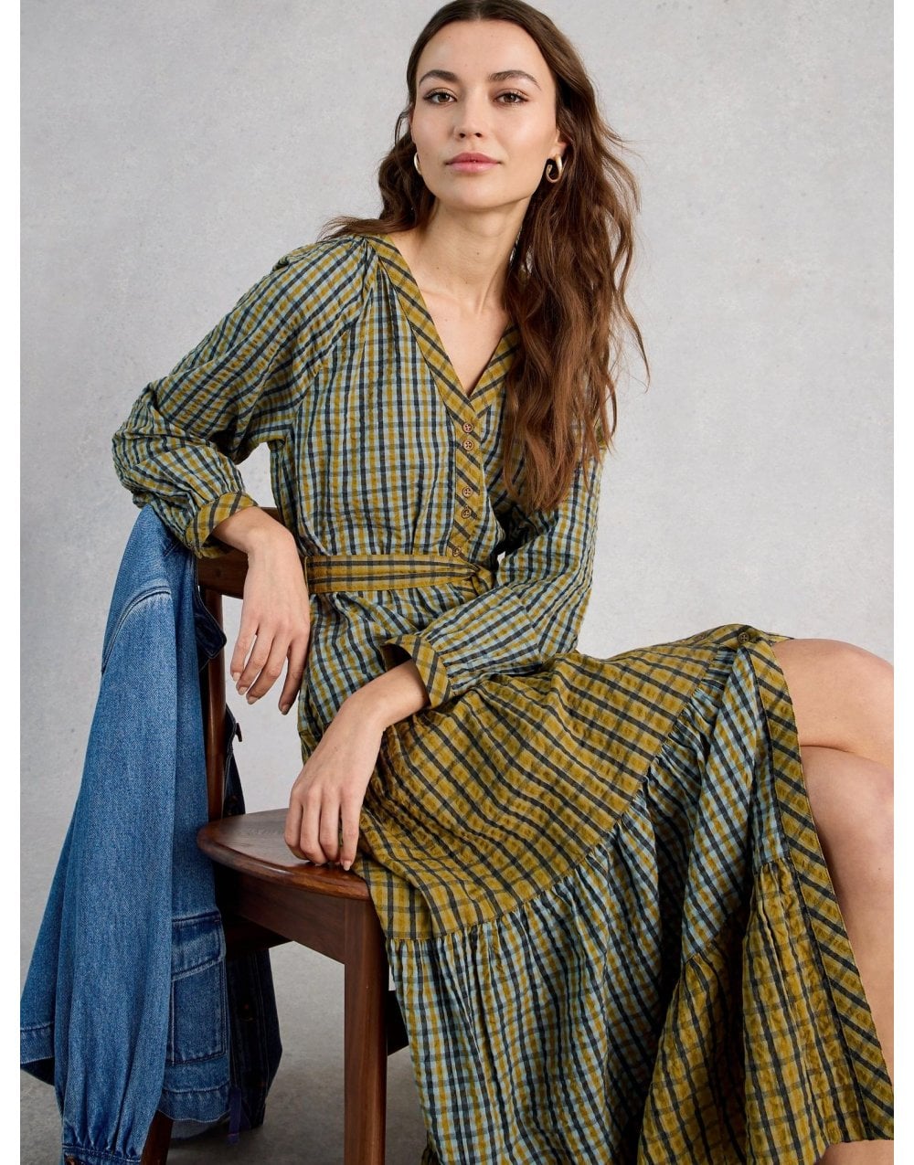 Young Ideas/Henmores - Clementine Check Midi Dress - Mustard/Navy - 8