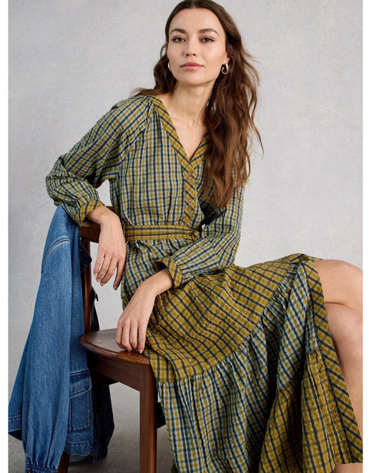 Young Ideas/Henmores - Clementine Check Midi Dress - Mustard/Navy - 8