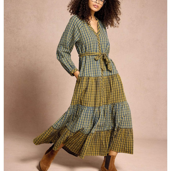 Young Ideas/Henmores - Clementine Check Midi Dress - Mustard/Navy - 8