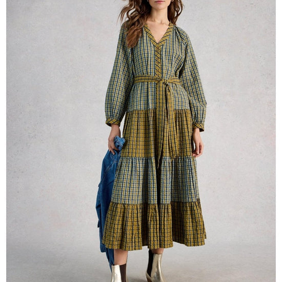 Young Ideas/Henmores - Clementine Check Midi Dress - Mustard/Navy - 8