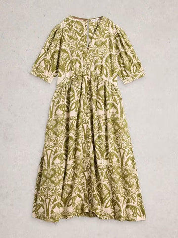 Young Ideas & Henmores - Fern Linen Blend Dress - Green Print - 8