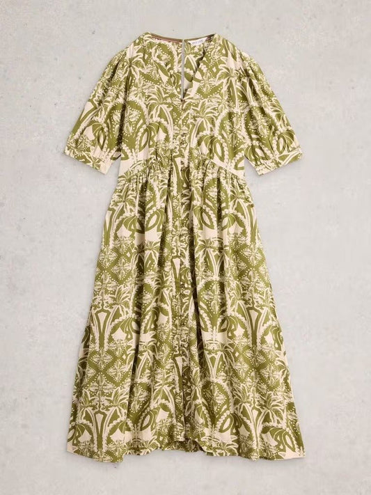 Young Ideas & Henmores - Fern Linen Blend Dress - Green Print - 8
