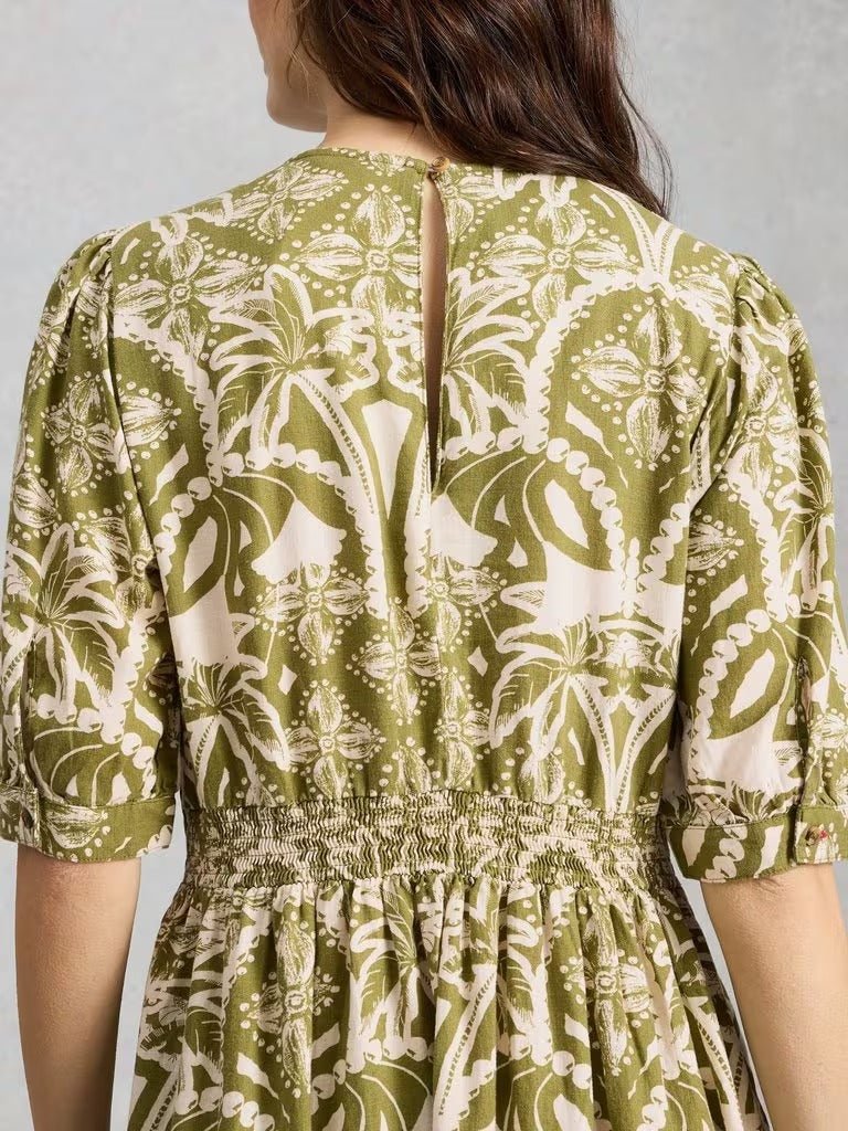 Young Ideas & Henmores - Fern Linen Blend Dress - Green Print - 8