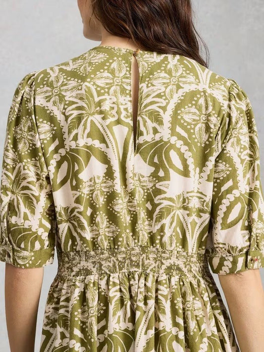 Young Ideas & Henmores - Fern Linen Blend Dress - Green Print - 8