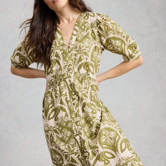 Young Ideas & Henmores - Fern Linen Blend Dress - Green Print - 8