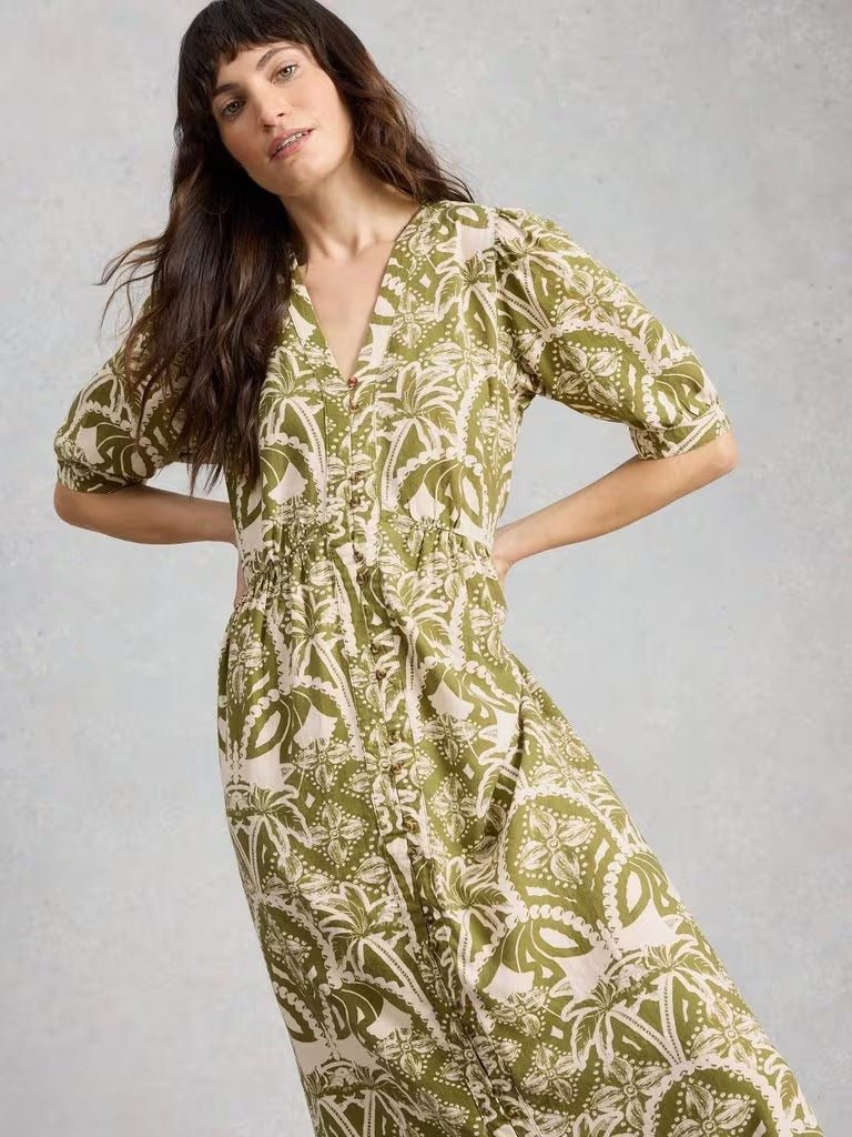 Young Ideas & Henmores - Fern Linen Blend Dress - Green Print - 8