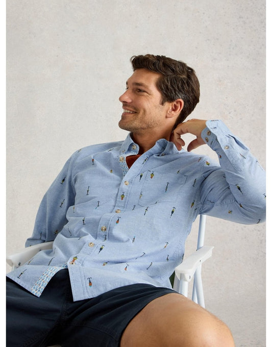 Young Ideas/Henmores - Finsbury Fishing Print Shirt - Chambray Blue - M